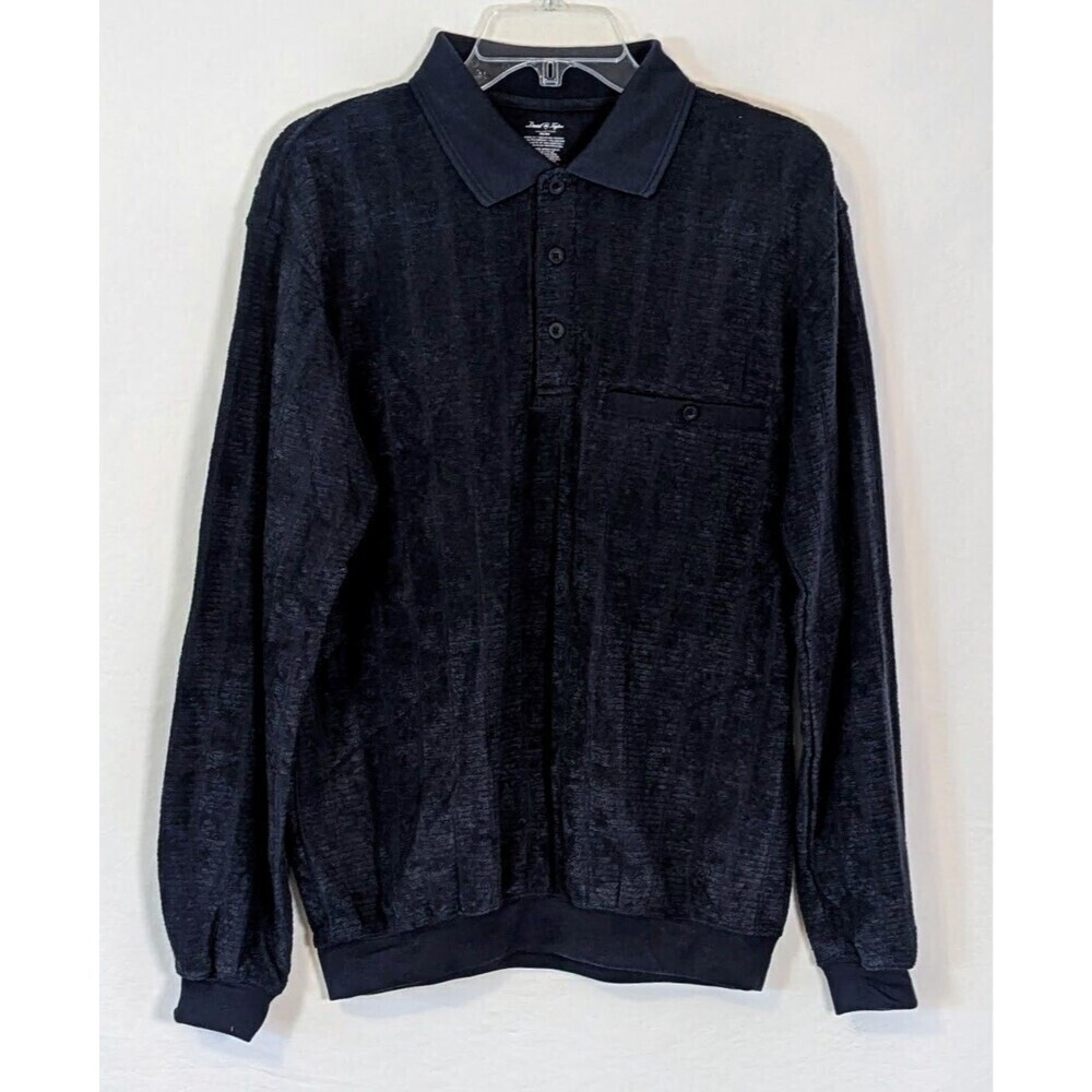 Vintage David Taylor Polo Shirt Mens M Dark Navy Textured Long Sleeve Sears NOS